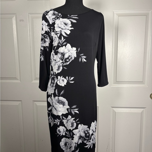 White House Black Market Asymmetrical Black Dress with White Floral Design - Picture 1 of 13